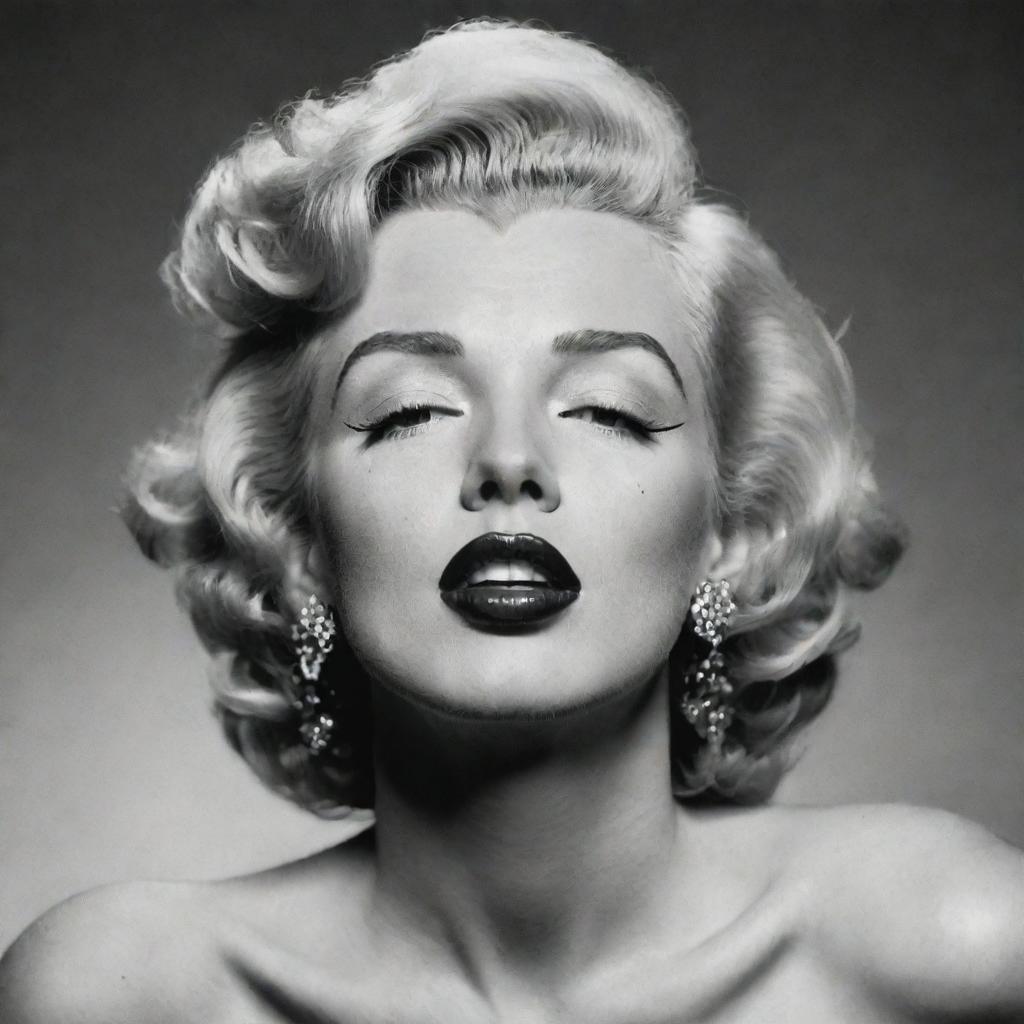 Unconventional depiction of Marilyn Monroe, her head tilted upwards, revealing a prominent neck with a visible protuberance inside, a unique fusion of her iconic beauty with a uncommon trait.