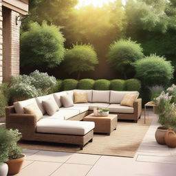 Generate an image of a beautiful patio exterior in the summertime