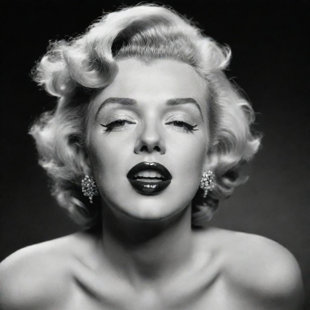 Artist's impression of Marilyn Monroe, her head inclined upwards, presenting a robust neck with a prominent protuberance inside, bringing a unique twist to her iconic charm.