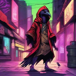 Generate an image of a female Kenku, a bird-like creature, set in a cyberpunk environment