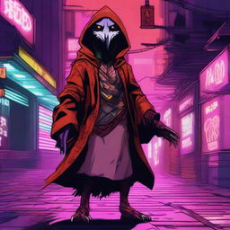 Generate an image of a female Kenku, a bird-like creature, set in a cyberpunk environment