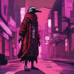 Generate an image of a female Kenku, a bird-like creature, set in a cyberpunk environment