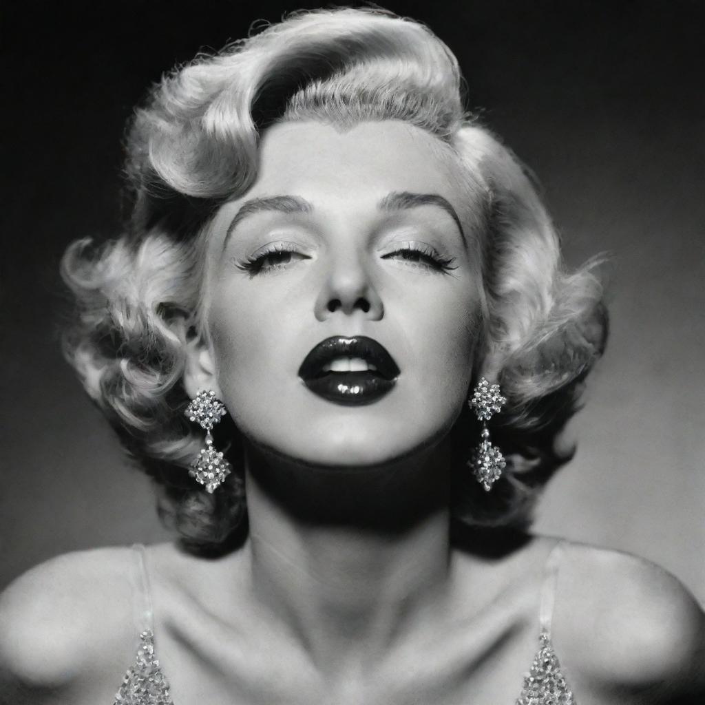 Uncommon depiction of Marilyn Monroe, head tilted upwards, highlighting a robust neck with a noticeable protuberance inside, against the backdrop of her iconic glamour.