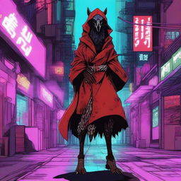 Generate an image of a female Kenku, a bird-like creature, set in a cyberpunk environment