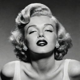 Uncommon depiction of Marilyn Monroe, head tilted upwards, highlighting a robust neck with a noticeable protuberance inside, against the backdrop of her iconic glamour.