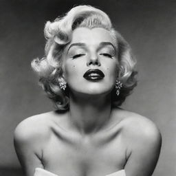 Alternative take on Marilyn Monroe with her head tilted upwards, revealing a broad neck with a discernible prominence inside, adding an unusual dimension to her classic beauty.