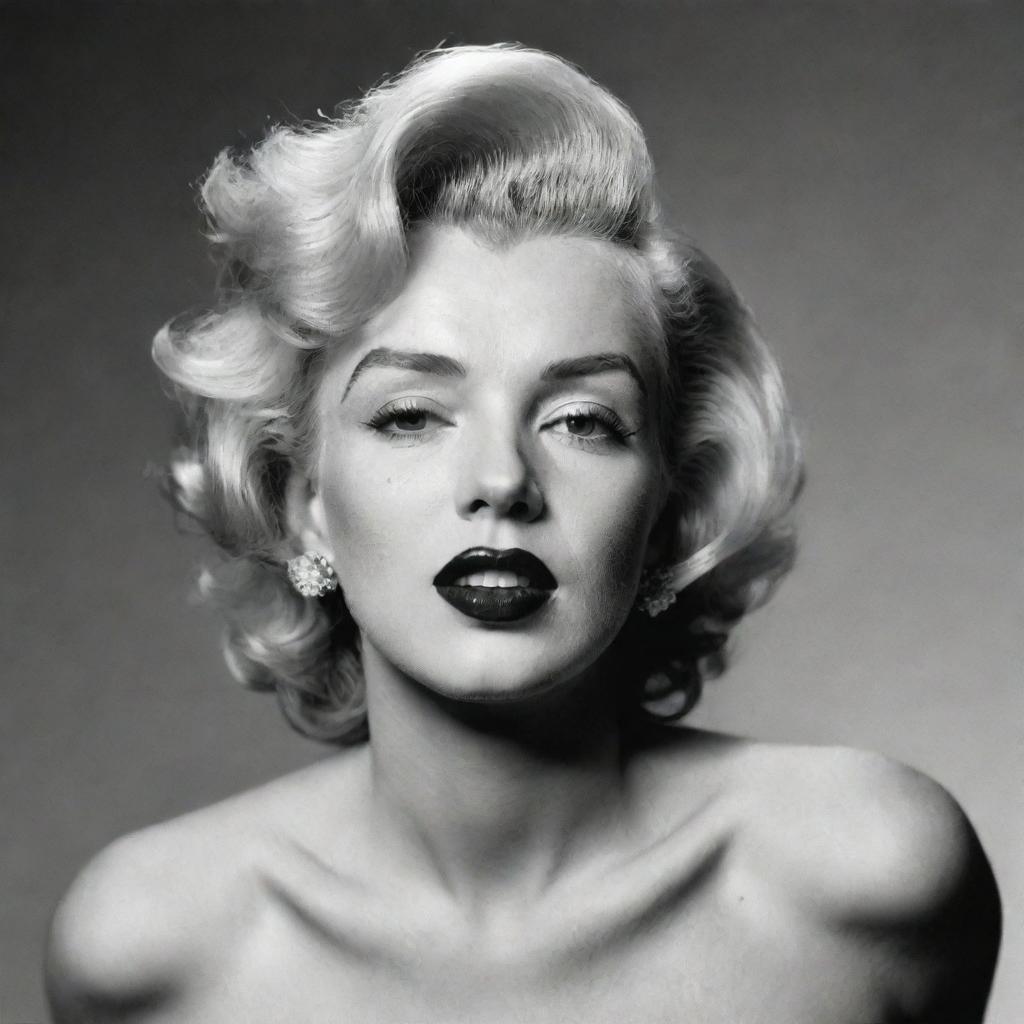 Alternative take on Marilyn Monroe with her head tilted upwards, revealing a broad neck with a discernible prominence inside, adding an unusual dimension to her classic beauty.