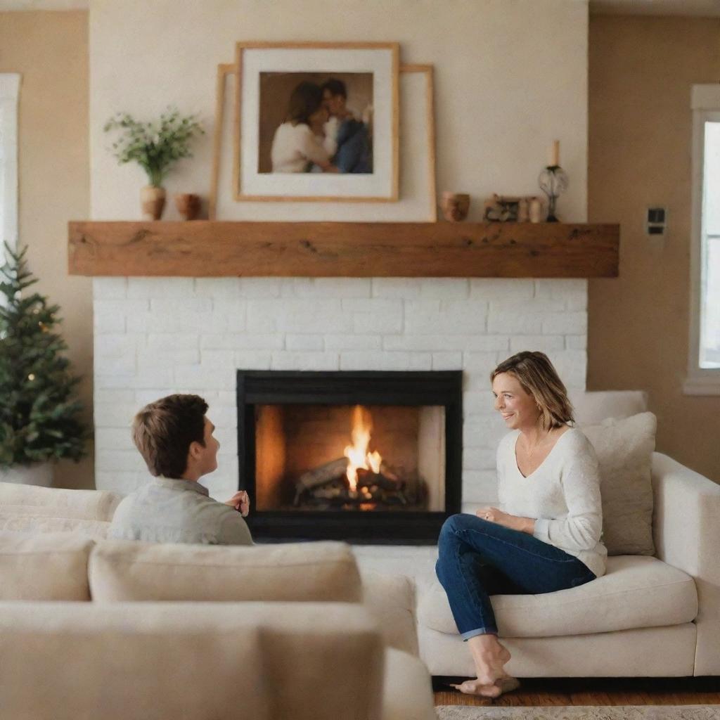 A young Caucasian mother engaged in conversation with her son while sitting on a plush sofa in a cozy living room. An inviting fireplace warms the room and family photos arrayed on the wall complete the warm, familial atmosphere.