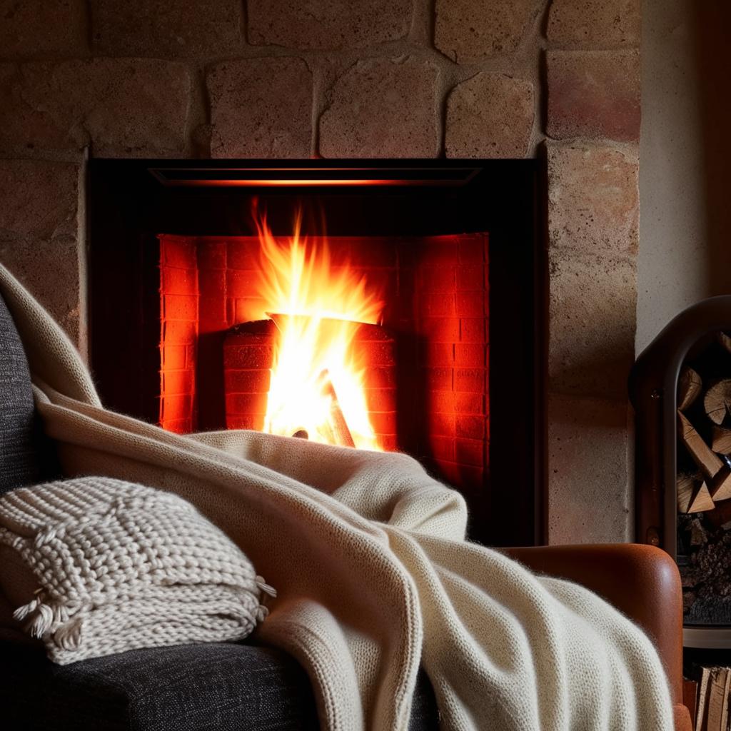 A cozy, warmly lit room with fluffy pillows, a roaring fireplace, and a comfy armchair with a knitted blanket draped over it.