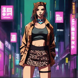 Generate an image of a female character in a cyberpunk setting