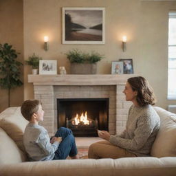 A young Caucasian mother engaged in conversation with her son while sitting on a plush sofa in a cozy living room. An inviting fireplace warms the room and family photos arrayed on the wall complete the warm, familial atmosphere.