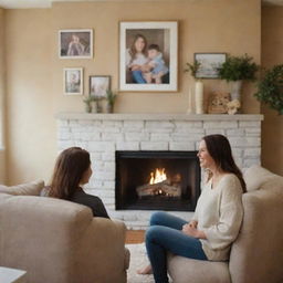 A young Caucasian mother engaged in conversation with her son while sitting on a plush sofa in a cozy living room. An inviting fireplace warms the room and family photos arrayed on the wall complete the warm, familial atmosphere.