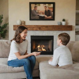 A young Caucasian mother engaged in conversation with her son while sitting on a plush sofa in a cozy living room. An inviting fireplace warms the room and family photos arrayed on the wall complete the warm, familial atmosphere.