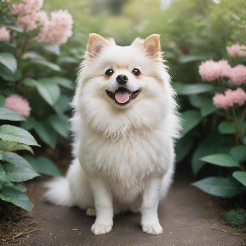A whimsical, Studio Ghibli-styled dog, with lively and expressive eyes, fluffy coat, standing in a bright, lush and dreamy environment 