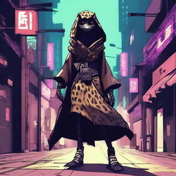 Generate an image of a female Kenku, a bird-like creature, in a cyberpunk setting