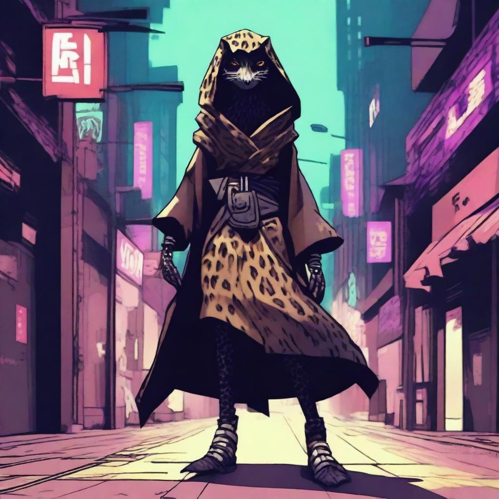 Generate an image of a female Kenku, a bird-like creature, in a cyberpunk setting