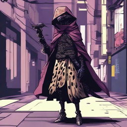 Generate an image of a female Kenku, a bird-like creature, in a cyberpunk setting