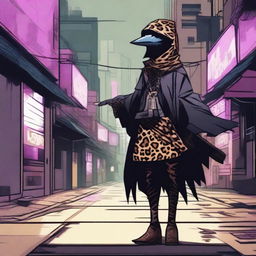 Generate an image of a female Kenku, a bird-like creature, in a cyberpunk setting