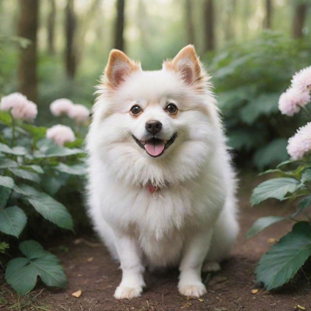 A whimsical, Studio Ghibli-styled dog, with lively and expressive eyes, fluffy coat, standing in a bright, lush and dreamy environment 