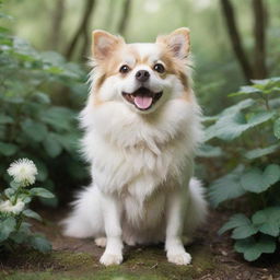 A whimsical, Studio Ghibli-styled dog, with lively and expressive eyes, fluffy coat, standing in a bright, lush and dreamy environment 