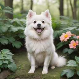 A whimsical, Studio Ghibli-styled dog, with lively and expressive eyes, fluffy coat, standing in a bright, lush and dreamy environment 