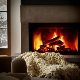 A cozy, warmly lit room with fluffy pillows, a roaring fireplace, and a comfy armchair with a knitted blanket draped over it.