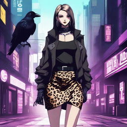 Generate an image of a female humanoid crow in a cyberpunk setting