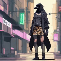 Generate an image of a female humanoid crow in a cyberpunk setting