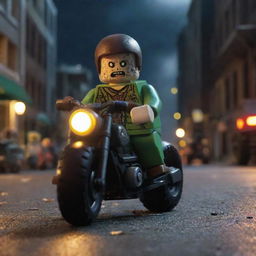 A comical Lego toy riding a motorcycle down a city street at night, while realistic, menacing zombies loom in the background, adding a touch of unexpected humor to the ghastly apocalypse