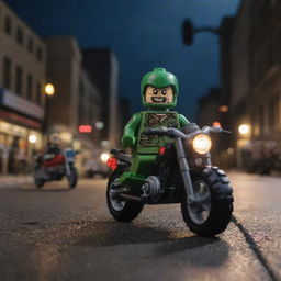 A comical Lego toy riding a motorcycle down a city street at night, while realistic, menacing zombies loom in the background, adding a touch of unexpected humor to the ghastly apocalypse