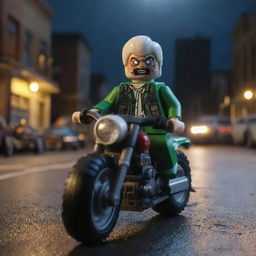 A comical Lego toy riding a motorcycle down a city street at night, while realistic, menacing zombies loom in the background, adding a touch of unexpected humor to the ghastly apocalypse