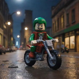 A comical Lego toy riding a motorcycle down a city street at night, while realistic, menacing zombies loom in the background, adding a touch of unexpected humor to the ghastly apocalypse