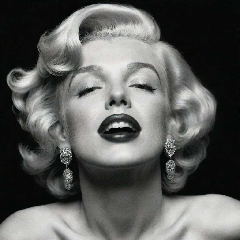 Intriguing depiction of Marilyn Monroe, her head tilted upward to show off a thick neck with a distinctive protuberance inside, injecting an unexpected trait into her iconic allure.