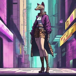 Generate an image of a female Aarakocra, a bird-like humanoid, in a cyberpunk setting