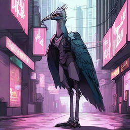 Generate an image of a female Aarakocra, a bird-like humanoid, in a cyberpunk setting