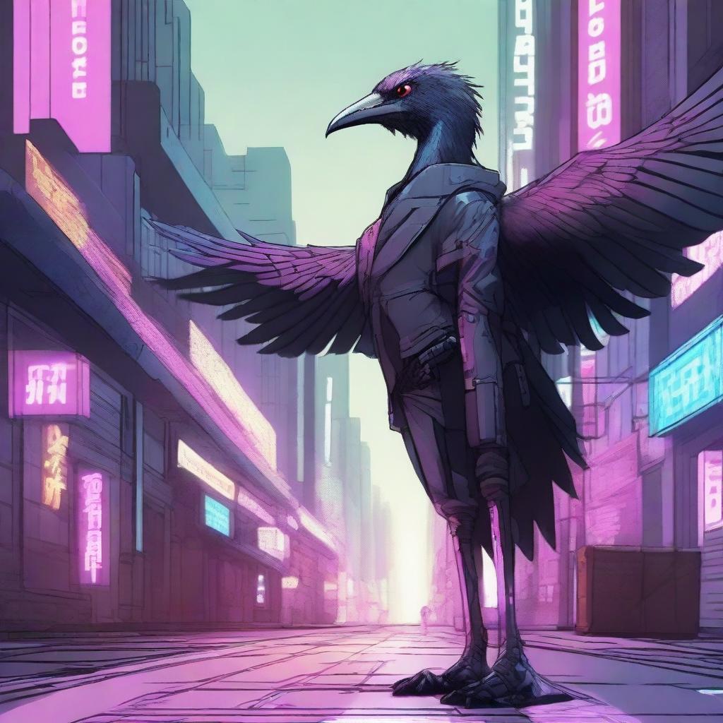 Generate an image of a female Aarakocra, a bird-like humanoid, in a cyberpunk setting