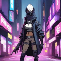 Generate an image of a female Aarakocra, a bird-like humanoid, in a cyberpunk setting