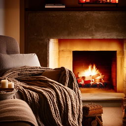 A cozy, warmly lit room with fluffy pillows, a roaring fireplace, and a comfy armchair with a knitted blanket draped over it.