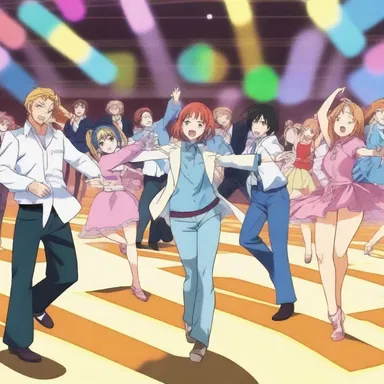 In the anime series, the characters attend a lively dance party where they showcase their impeccable schottische moves.