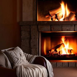 A cozy, warmly lit room with fluffy pillows, a roaring fireplace, and a comfy armchair with a knitted blanket draped over it.