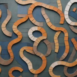 An abstract, low-detail image of a snake composed of 30 metallic tiles. The color palette includes dark yellow, light yellow, orange, black, white, dark gray, blue and dark green