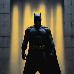 An airbrushed image with low dispersion, featuring silhouettes of Batman in light gray, yellow, and blue against a dark gray prison backdrop, creating an atmospheric sense of tension