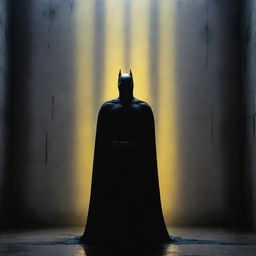 An airbrushed image with low dispersion, featuring silhouettes of Batman in light gray, yellow, and blue against a dark gray prison backdrop, creating an atmospheric sense of tension