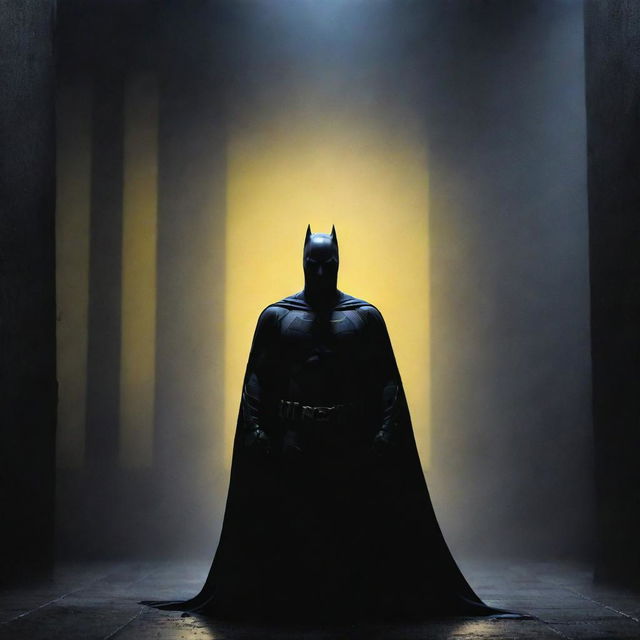 An airbrushed image with low dispersion, featuring silhouettes of Batman in light gray, yellow, and blue against a dark gray prison backdrop, creating an atmospheric sense of tension