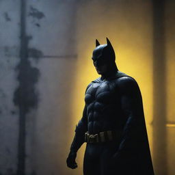 An airbrushed image with low dispersion, featuring silhouettes of Batman in light gray, yellow, and blue against a dark gray prison backdrop, creating an atmospheric sense of tension