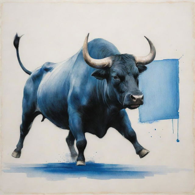 An expressive representation, created with Chinese ink stains, of a bull charging, contrasted against a sharp blue square. The scene is sketched with stylized, dynamic brushwork varying in thickness, white space for balance, and a vanishing point for depth