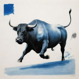 An expressive representation, created with Chinese ink stains, of a bull charging, contrasted against a sharp blue square. The scene is sketched with stylized, dynamic brushwork varying in thickness, white space for balance, and a vanishing point for depth