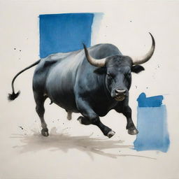 An expressive representation, created with Chinese ink stains, of a bull charging, contrasted against a sharp blue square. The scene is sketched with stylized, dynamic brushwork varying in thickness, white space for balance, and a vanishing point for depth