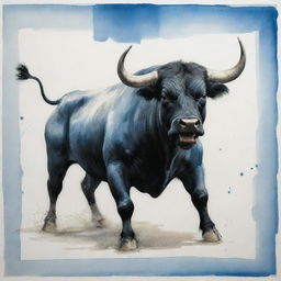 An expressive representation, created with Chinese ink stains, of a bull charging, contrasted against a sharp blue square. The scene is sketched with stylized, dynamic brushwork varying in thickness, white space for balance, and a vanishing point for depth