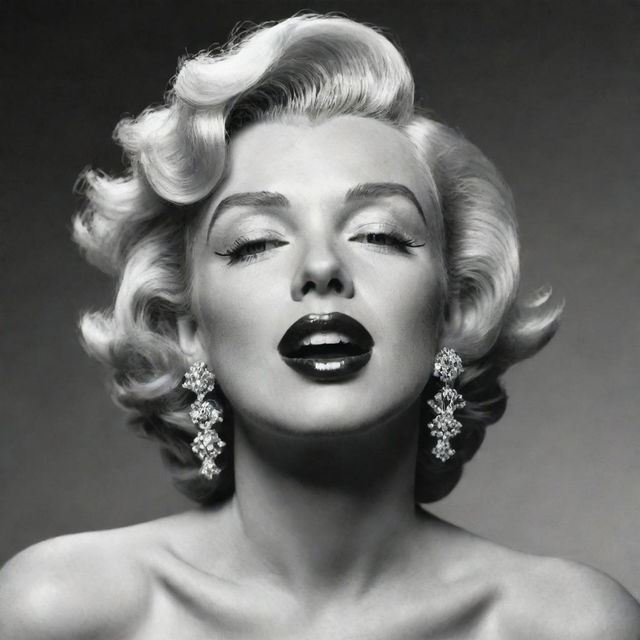 Creative rendering of Marilyn Monroe, her head raised, displaying a thick neck with a notable protuberance within, merging classic beauty with unexpected elements.